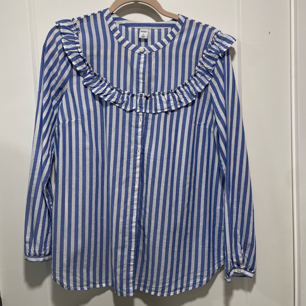 Old Navy Women Blue Long Sleeve Button-Down Shirt MEDIUM